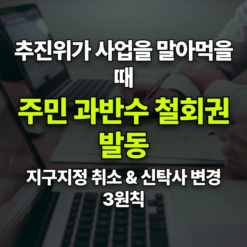 VOL.28 비대위 결성과 지구지정 해제 위기: 과반수 철회의 법칙 - PART 5. 갈등 해결과 리스크 관리 | 도심복합개발 백과사전 썸네일 인포그래픽